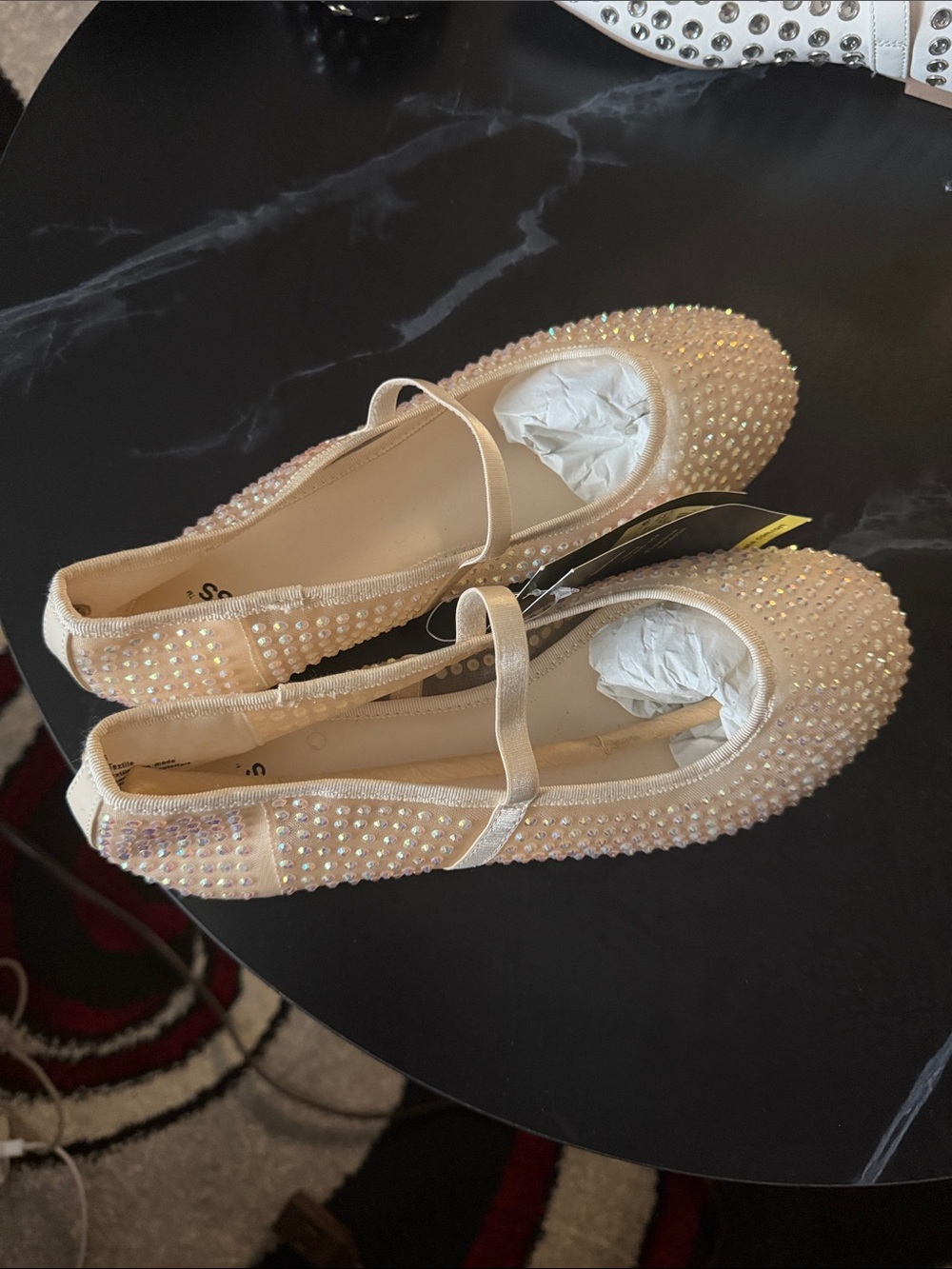 Embellished Nude Mary Jane Ballet Flats with Iridescent Studs